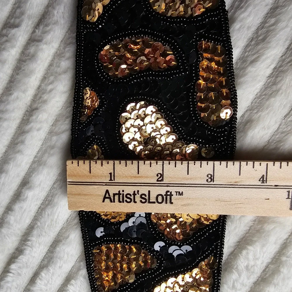 Womens Sequin Beaded Elastic Waist Belt M/L Black Gold Art Deco Flapper Gatsby